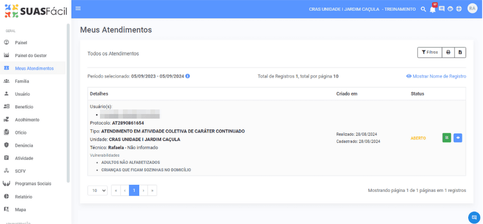 Tela Meus Atendimentos, com protocolo, unidade, técnico responsável e vulnerabilidades