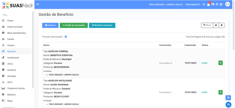 Tela de gestão de benefícios eventuais, com tipo, fonte do recurso e concessões