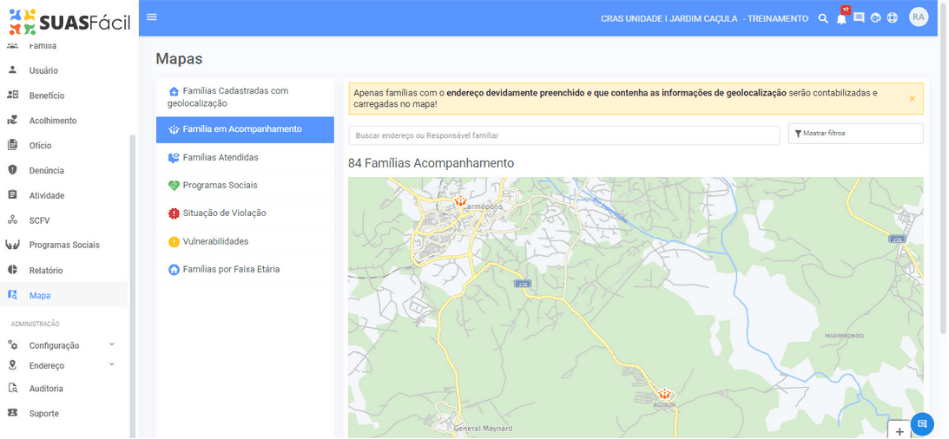 Mapa do território com as famílias em acompanhamento georreferenciadas